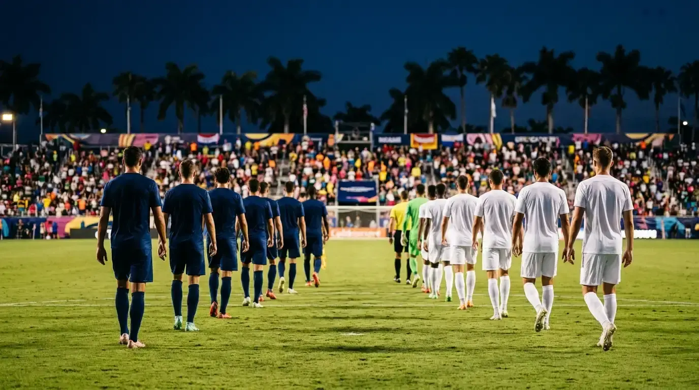 WM-2026-Bronze-Dossier: zwei Mannschaften beim Einlaufen in ein warmes Stadion in Miami, Palmen im Hintergrund