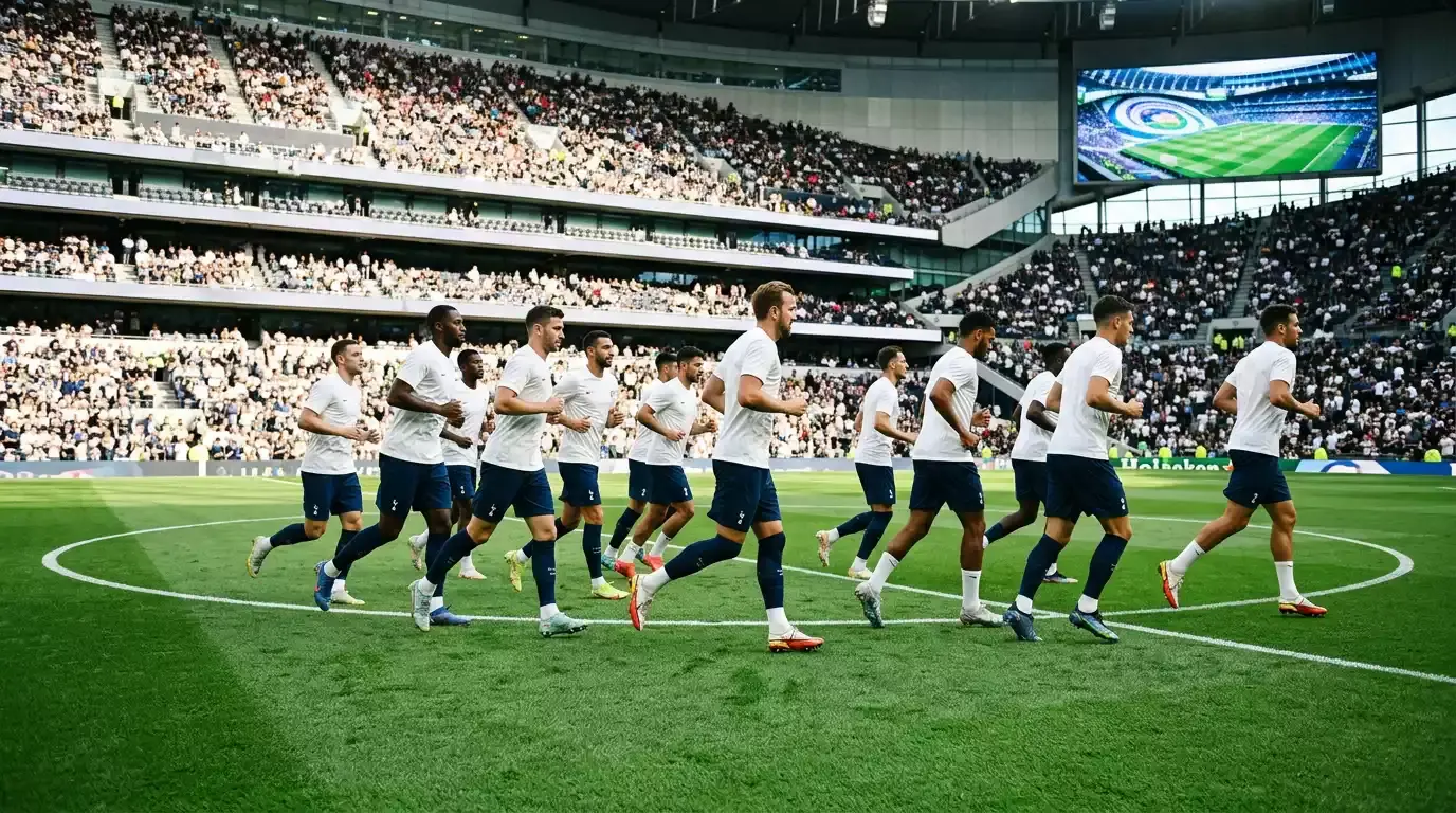 Fußballnationalmannschaft in weißen Trikots beim Aufwärmen auf dem Spielfeld
