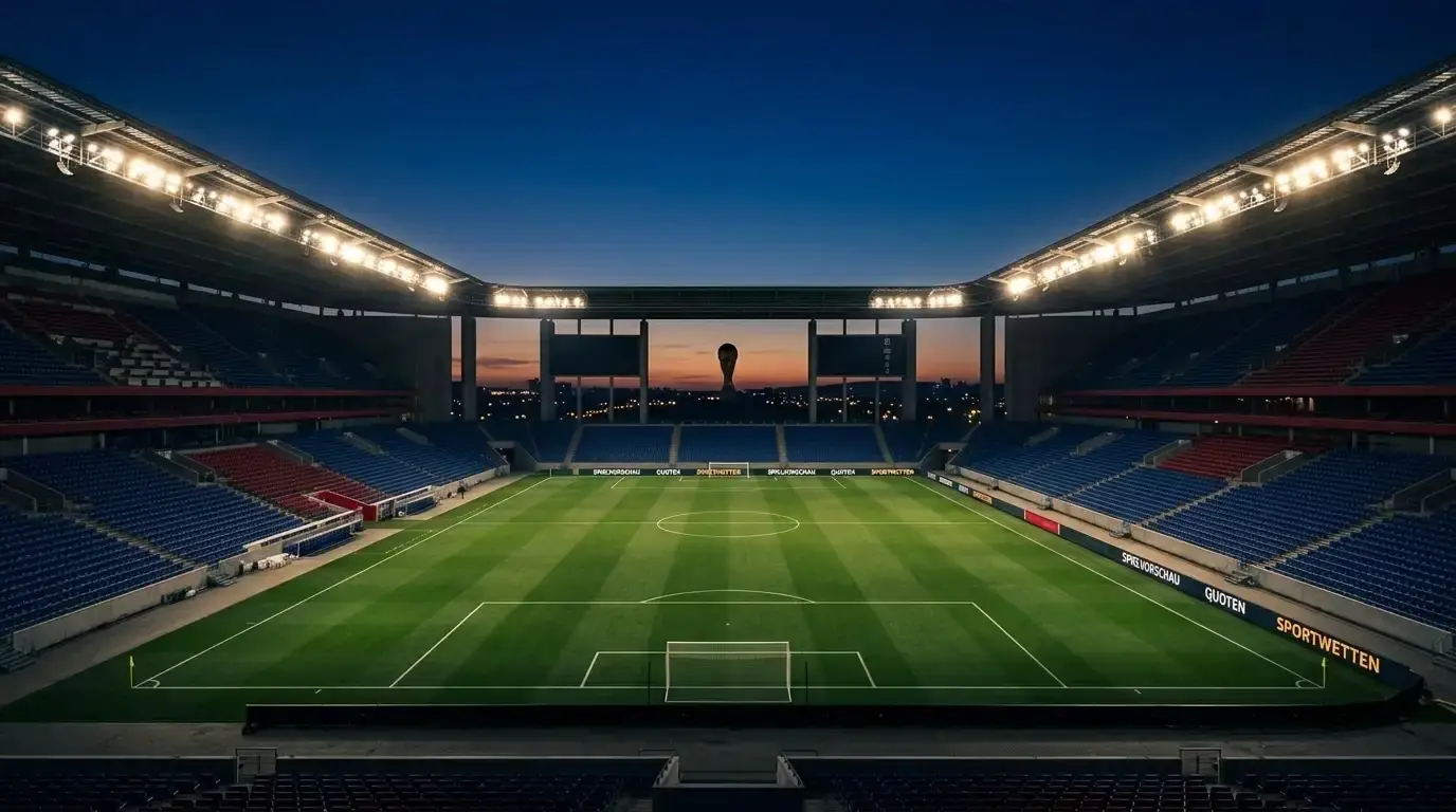 WM-2026-Finalwochenende-Dossier: leeres, flutlichtbeleuchtetes Stadion in der Dämmerung, WM-Pokal am Horizont