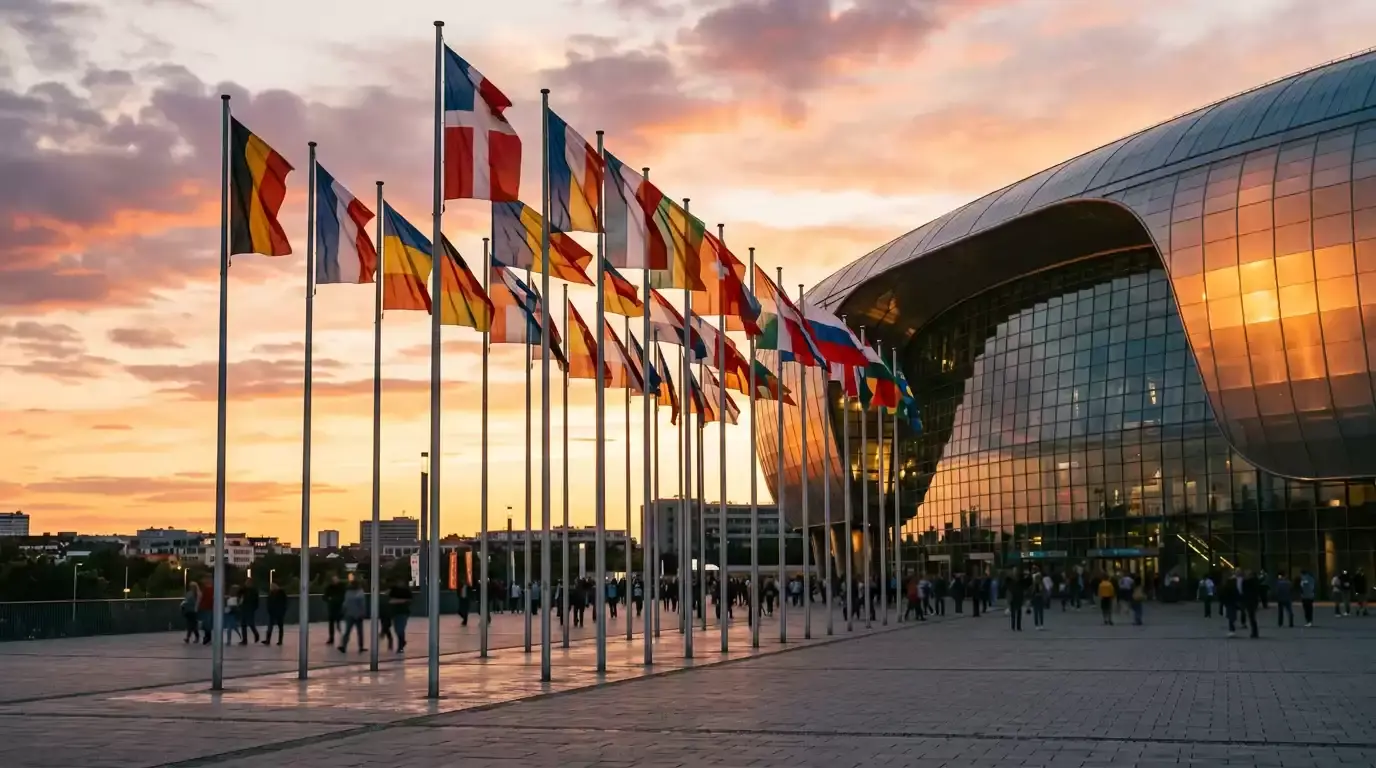 Mehrere Nationalflaggen wehen vor einem Fußballstadion bei Sonnenuntergang