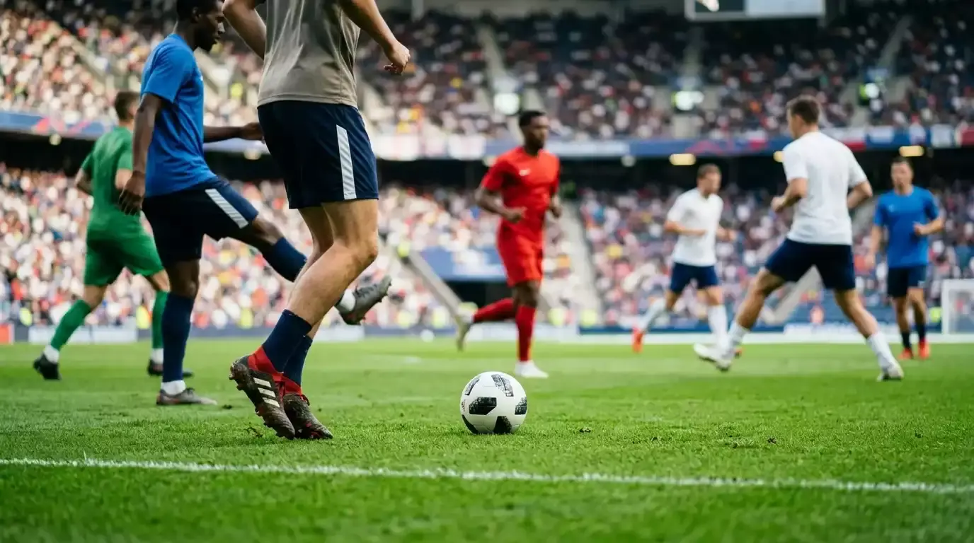 Fußballspieler in Nationaltrikots auf dem Rasen eines WM-Stadions