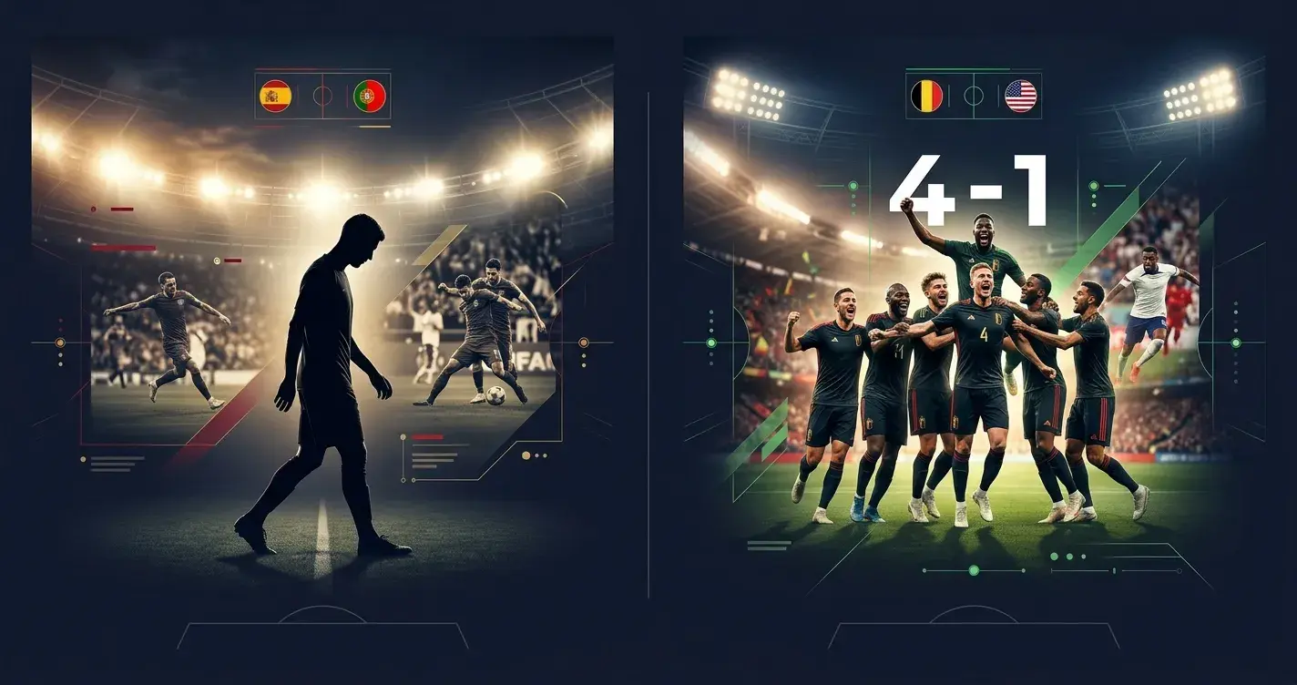 Datenübersicht der WM-2026-Achtelfinal-Spiele vom 6. Juli mit Ergebnissen Spanien–Portugal und Belgien–USA