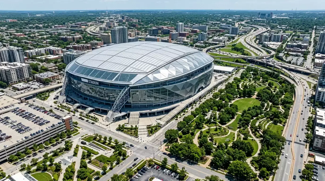 Luftaufnahme eines modernen Fußballstadions mit geschlossenem Dach und umliegender Stadtlandschaft