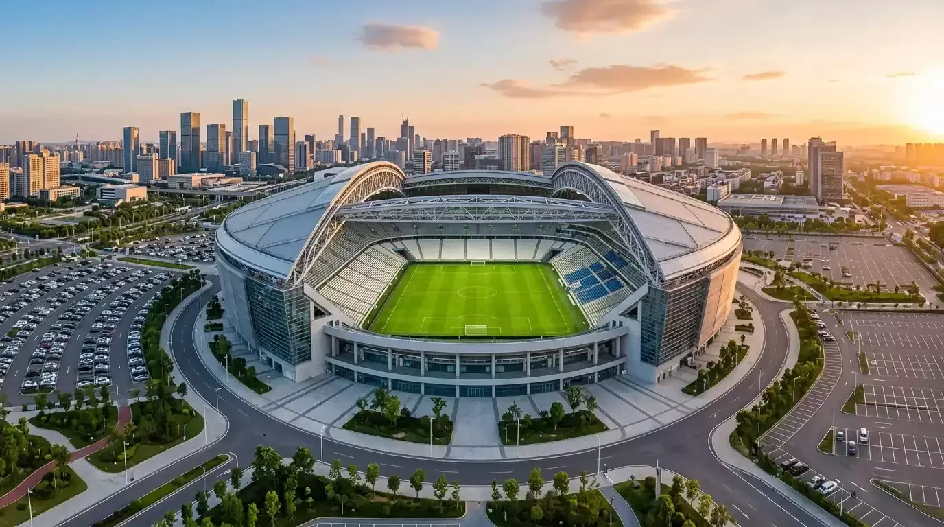 Panoramablick auf ein WM-Stadion mit Rasenfeld und Tribünen bei Tageslicht