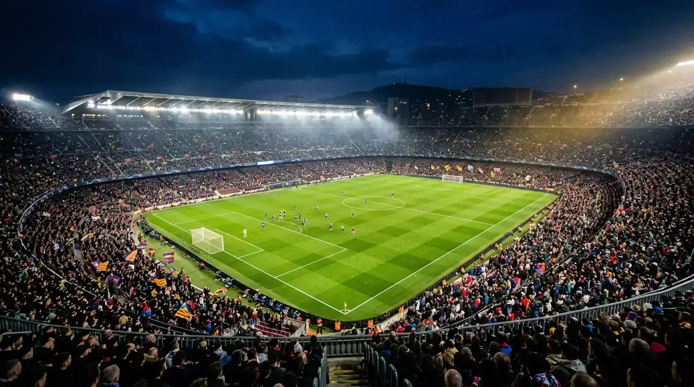 Fußballstadion bei einer WM-Nachtpartie mit Flutlicht und vollen Rängen